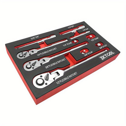 10pcs Flex Head Ratchet Set, 1/ 4", 3/ 8", 1/ 2" Drive, Swivel Head Ratchet Wrench with Extension Bar