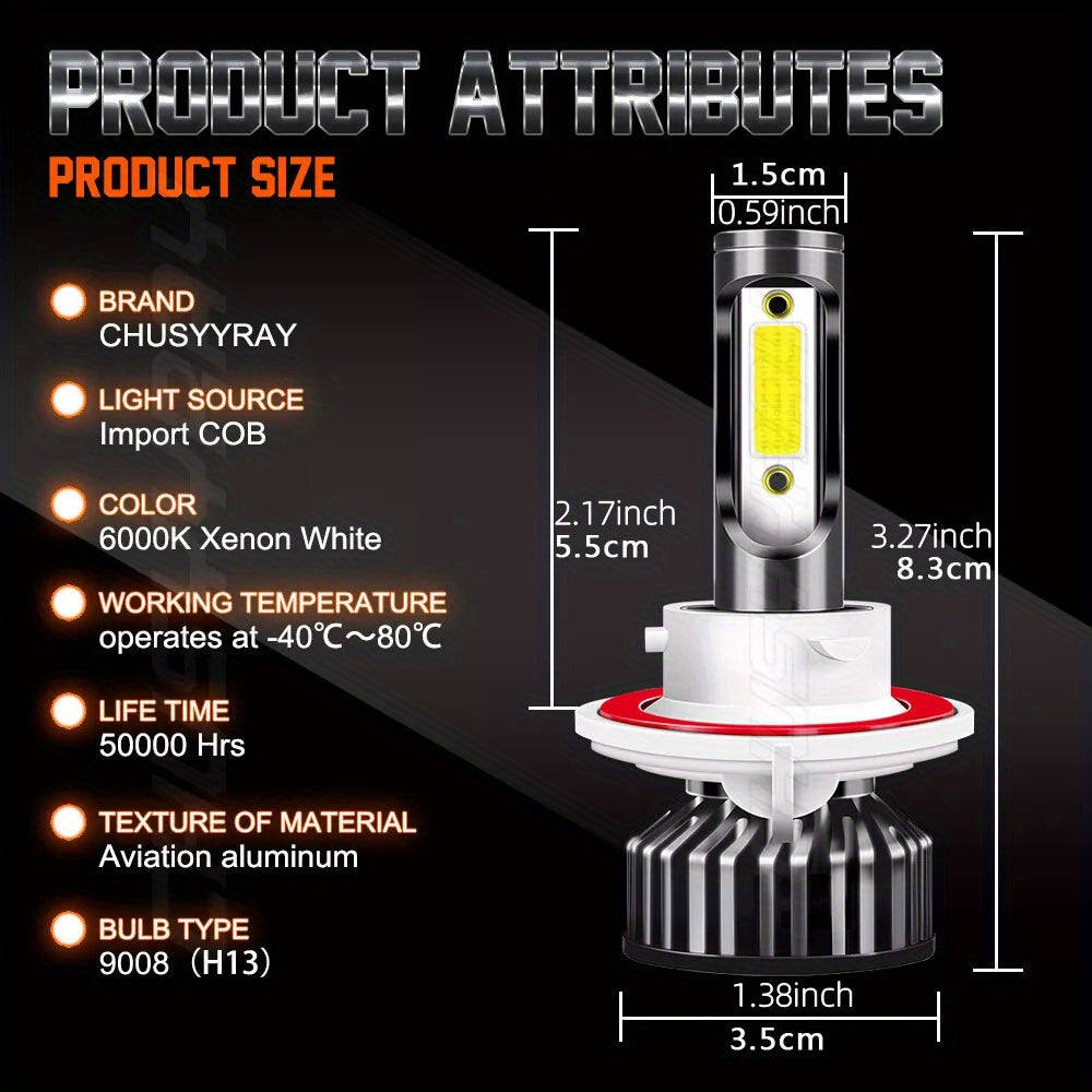 2pcs 9008/ H13 LED Headlight High/ Low Beam Bulbs Kit 12V 80W 6000K Cool White 27000LM Tow-Sided Ultra Bright COB Chip Plug And Play, Without Battery
