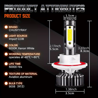 2pcs 9008/ H13 LED Headlight High/ Low Beam Bulbs Kit 12V 80W 6000K Cool White 27000LM Tow-Sided Ultra Bright COB Chip Plug And Play, Without Battery