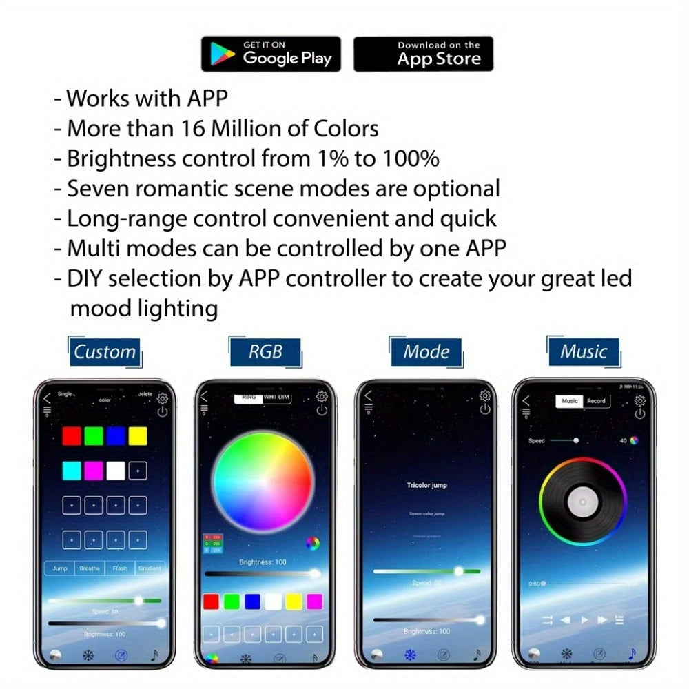 Car LED Strip Light 48 LED RGB Interior Ambient Lighting Kit 4-in-1 Under Dash USB Powered App & Remote Control Multi-Color Multi-Mode