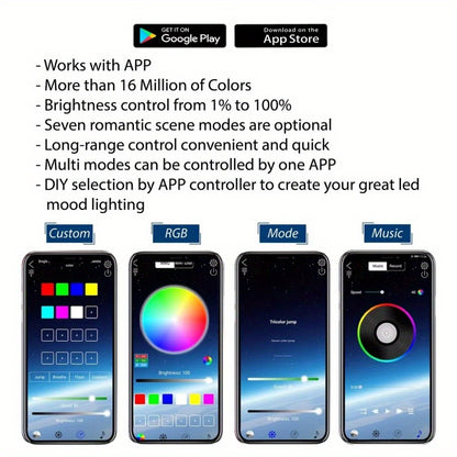 Car LED Strip Light 48 LED RGB Interior Ambient Lighting Kit 4-in-1 Under Dash USB Powered App & Remote Control Multi-Color Multi-Mode