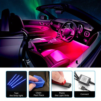 Car LED Strip Light 48 LED RGB Interior Ambient Lighting Kit 4-in-1 Under Dash USB Powered App & Remote Control Multi-Color Multi-Mode