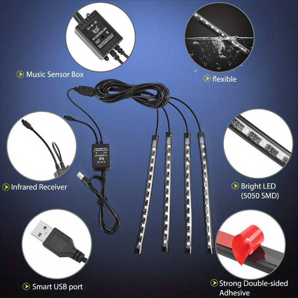 Car LED Strip Light 48 LED RGB Interior Ambient Lighting Kit 4-in-1 Under Dash USB Powered App & Remote Control Multi-Color Multi-Mode