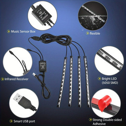 Car LED Strip Light 48 LED RGB Interior Ambient Lighting Kit 4-in-1 Under Dash USB Powered App & Remote Control Multi-Color Multi-Mode