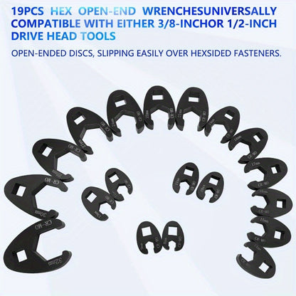3/ 8" And 1/ 2" Drive Jumbo Crowfoot Flare Nut Wrench Set, 19pcs Metric Tool 8 to 32Mm Sizes, Flare Nut Wrench Set for 3/ 8In And 1/ 2In Drive Ratchet