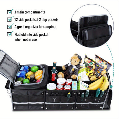 Collapsible Trunk Organizer for Car with Insulated Leak Proof Cooler Bag, 3 Compartments SUV Cargo Organizer Removable Dividers, 5 in1 Car Storage Organizer with Foldable Lid, 2 Tie-Down Straps