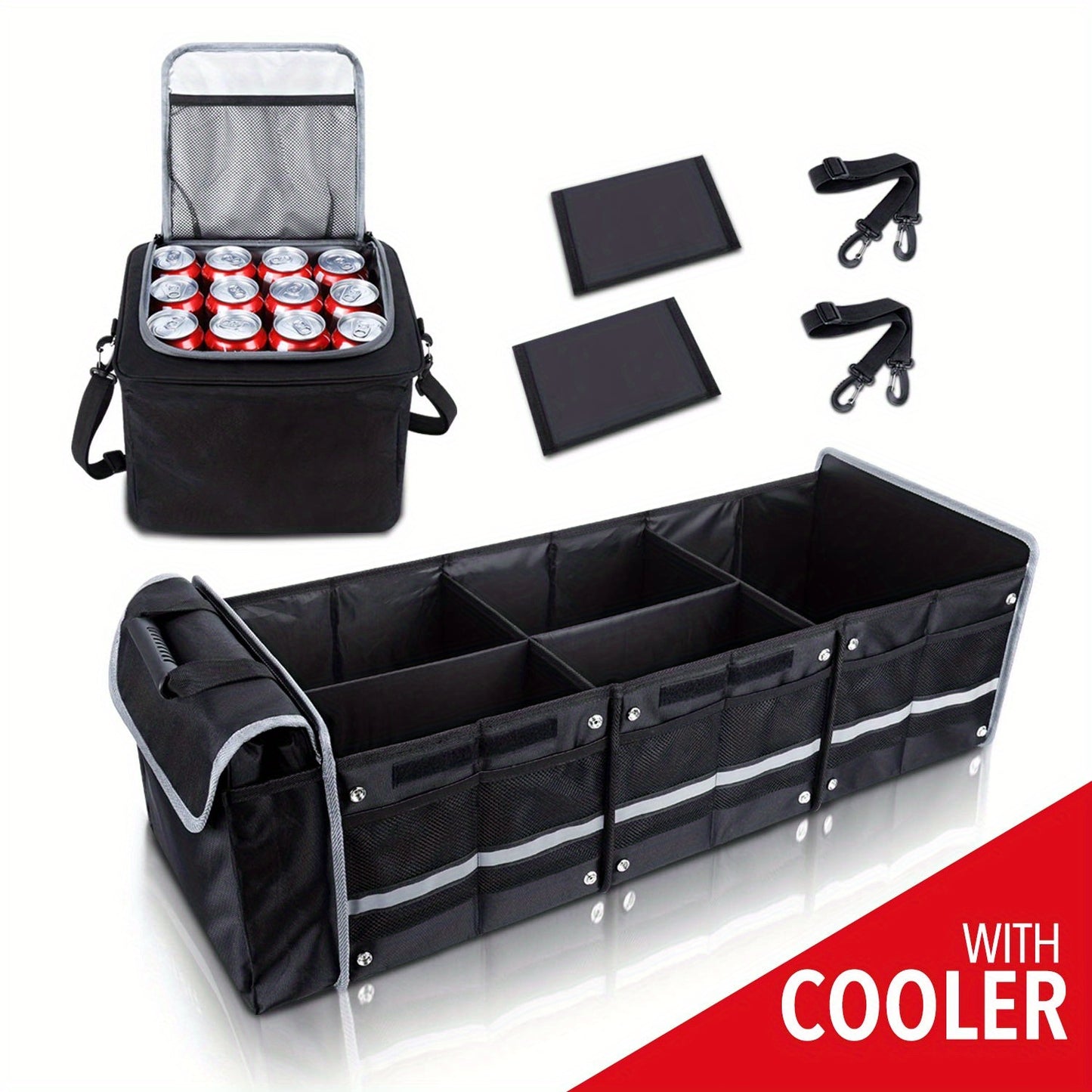 Collapsible Trunk Organizer for Car with Insulated Leak Proof Cooler Bag, 3 Compartments SUV Cargo Organizer Removable Dividers, 5 in1 Car Storage Organizer with Foldable Lid, 2 Tie-Down Straps