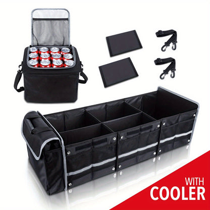 Collapsible Trunk Organizer for Car with Insulated Leak Proof Cooler Bag, 3 Compartments SUV Cargo Organizer Removable Dividers, 5 in1 Car Storage Organizer with Foldable Lid, 2 Tie-Down Straps