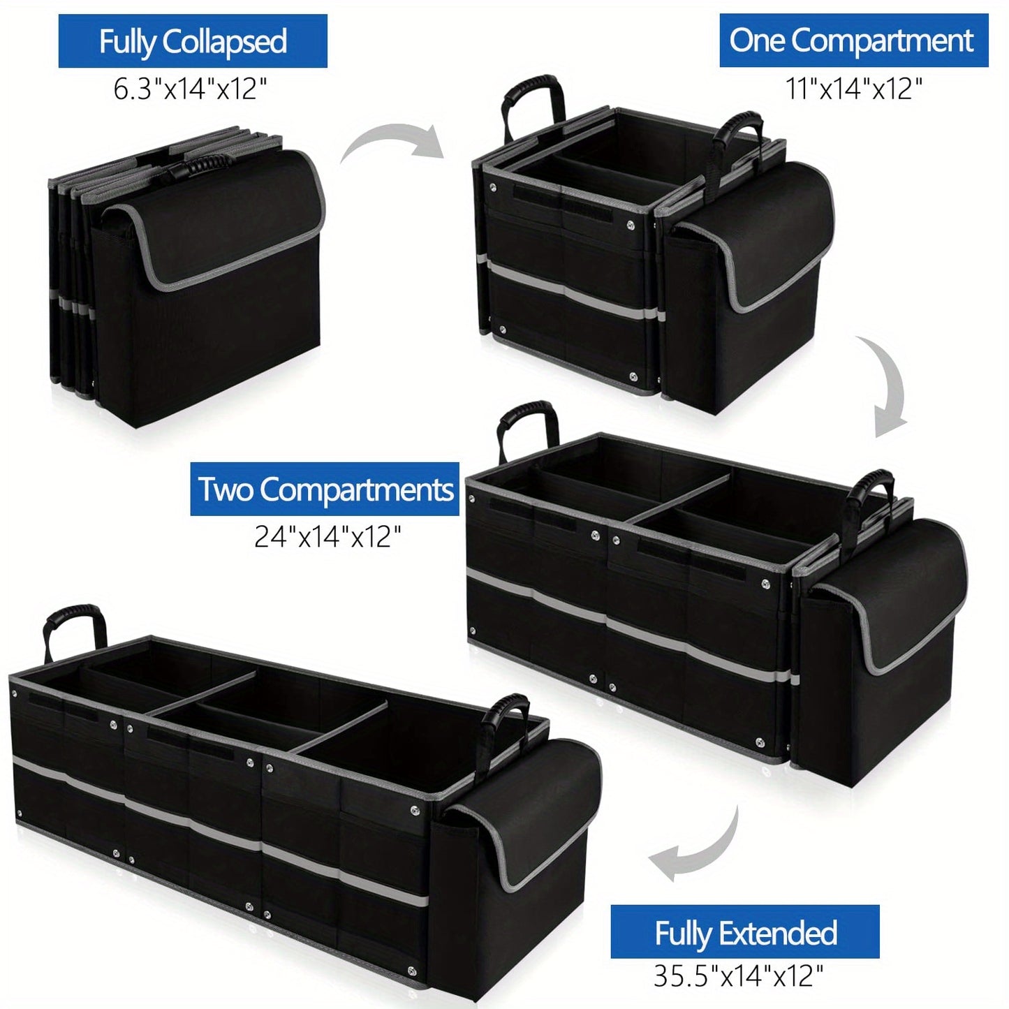 Collapsible Trunk Organizer for Car with Insulated Leak Proof Cooler Bag, 3 Compartments SUV Cargo Organizer Removable Dividers, 5 in1 Car Storage Organizer with Foldable Lid, 2 Tie-Down Straps