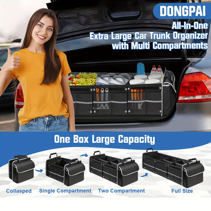 Collapsible Trunk Organizer for Car with Insulated Leak Proof Cooler Bag, 3 Compartments SUV Cargo Organizer Removable Dividers, 5 in1 Car Storage Organizer with Foldable Lid, 2 Tie-Down Straps