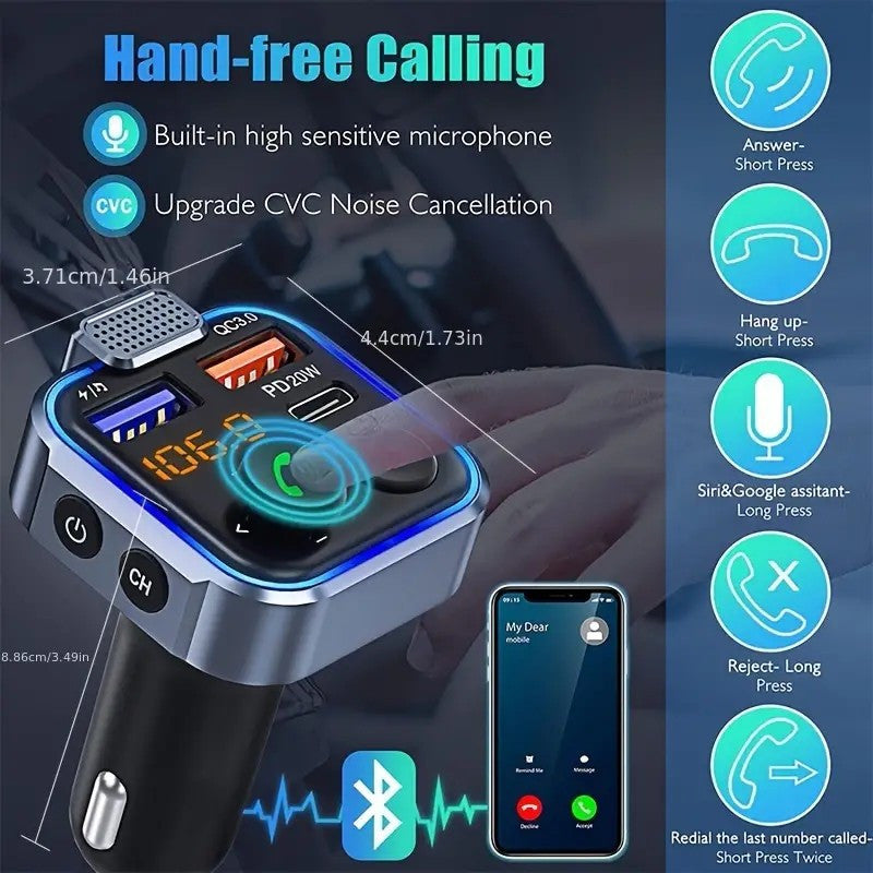Gm V5.0FM Transmitter Car Adapter Kit - Clear Hands-free Calling, USB PD 20W Fast Charger, MP3 Player Receiver, Support for Hi-fi Bass Crystal Clear Sound