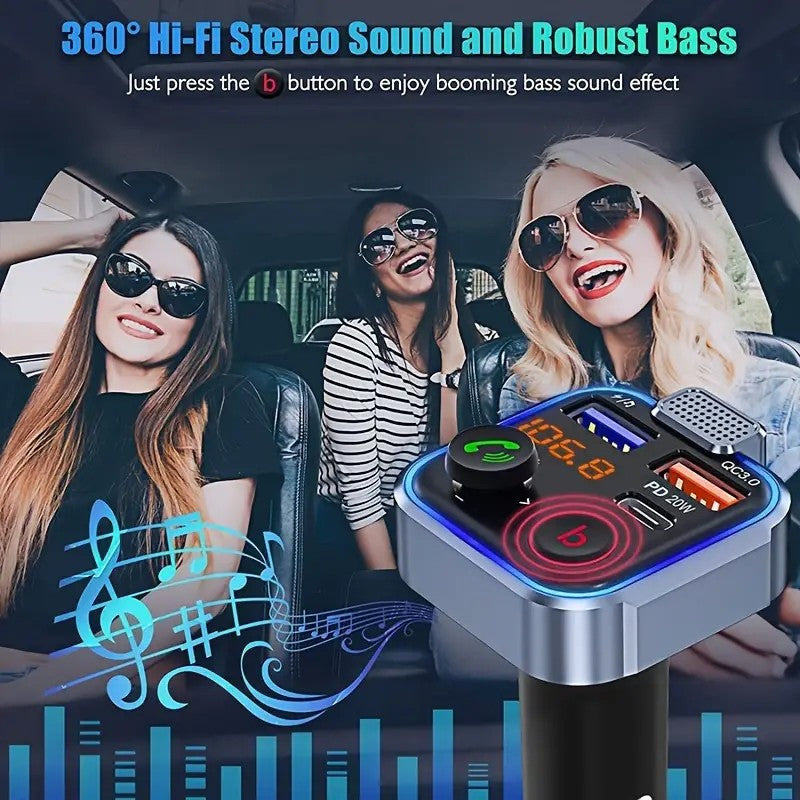Gm V5.0FM Transmitter Car Adapter Kit - Clear Hands-free Calling, USB PD 20W Fast Charger, MP3 Player Receiver, Support for Hi-fi Bass Crystal Clear Sound