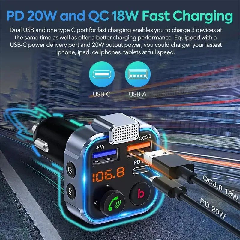 Gm V5.0FM Transmitter Car Adapter Kit - Clear Hands-free Calling, USB PD 20W Fast Charger, MP3 Player Receiver, Support for Hi-fi Bass Crystal Clear Sound