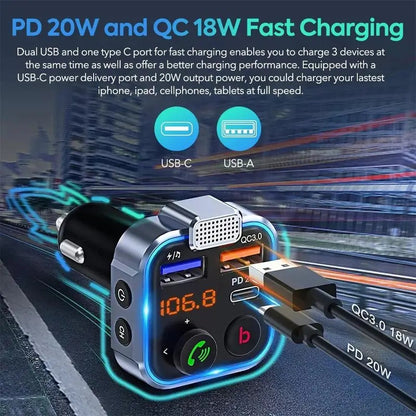 Gm V5.0FM Transmitter Car Adapter Kit - Clear Hands-free Calling, USB PD 20W Fast Charger, MP3 Player Receiver, Support for Hi-fi Bass Crystal Clear Sound