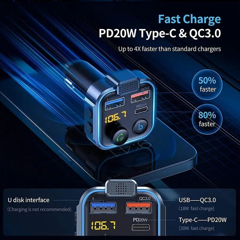 Gm V5.0FM Transmitter Car Adapter Kit - Clear Hands-free Calling, USB PD 20W Fast Charger, MP3 Player Receiver, Support for Hi-fi Bass Crystal Clear Sound