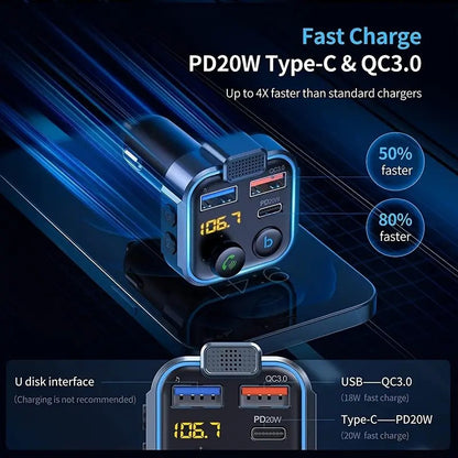 Gm V5.0FM Transmitter Car Adapter Kit - Clear Hands-free Calling, USB PD 20W Fast Charger, MP3 Player Receiver, Support for Hi-fi Bass Crystal Clear Sound