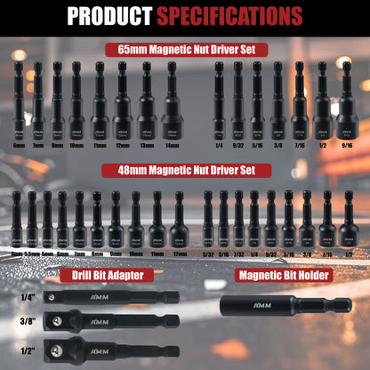 AMM 39pcs Magnetic Nut Driver Kit for Impact Drills, Featuring Both Metric And SAE Impact Driver Bits, a Bit Extension, And a Drill Bit Adapter with a 1/4" Hex Shank Made of Cr-V Steel