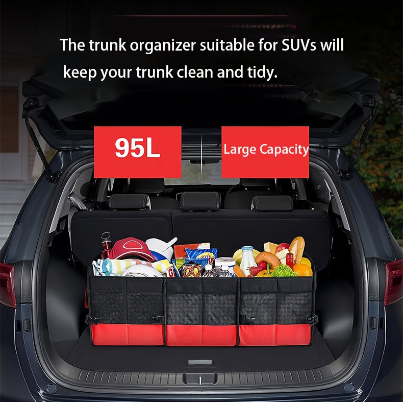 Foldable 25.1gal Car Trunk Organizer | Multi-Compartment Storage with 4 Compartments and 2 Retractable Straps, Ideal for Travel, Camping, Shopping, Fits SUVs, Trucks, Minivans