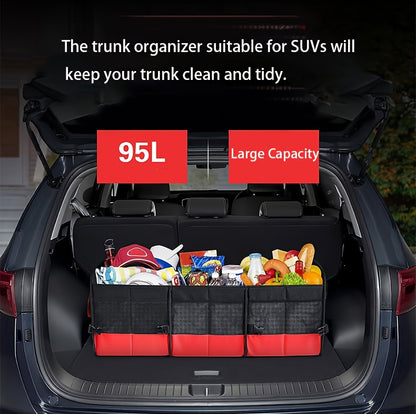 Foldable 25.1gal Car Trunk Organizer | Multi-Compartment Storage with 4 Compartments and 2 Retractable Straps, Ideal for Travel, Camping, Shopping, Fits SUVs, Trucks, Minivans