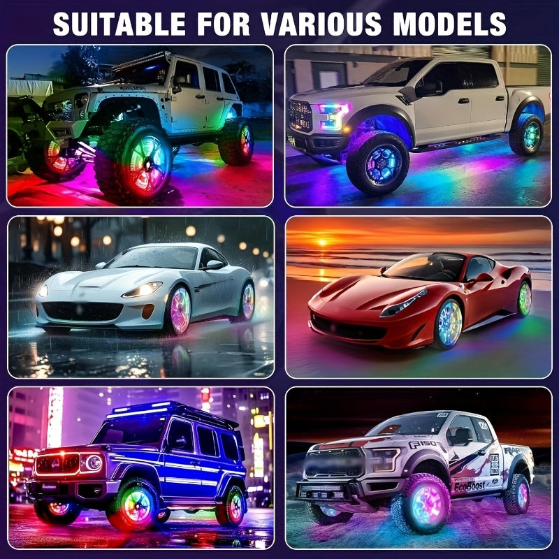 [Remote Control LED Lights] 4pcs Car Wheel Lights, Remote Control With Flashing Modes, LED Wheel Ring Lights For Trucks Cars SUV Pickup Vehicles Offroad, Equipped With Seven-Color Dazzling Light Function, Car Rim Light, Without Battery