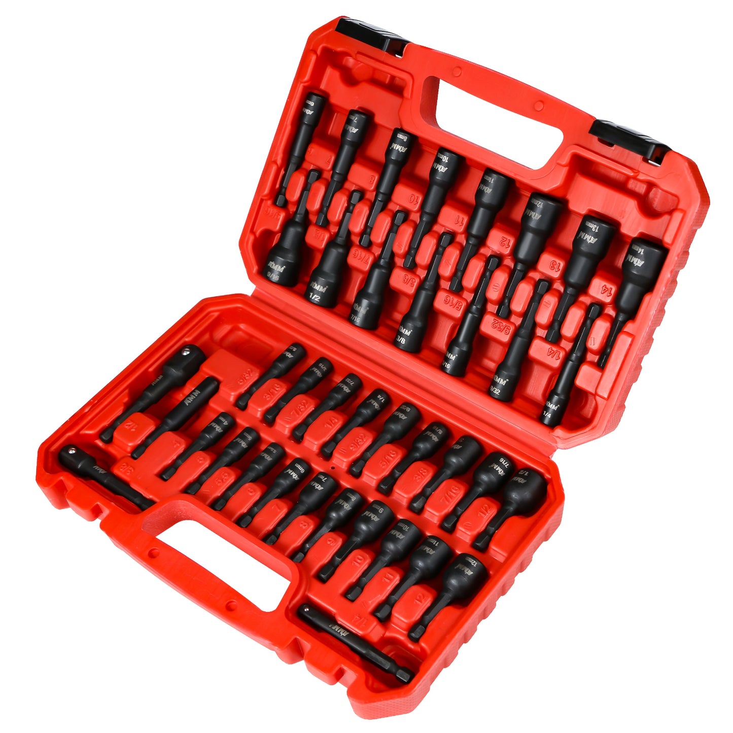 AMM 39pcs Magnetic Nut Driver Kit for Impact Drills, Featuring Both Metric And SAE Impact Driver Bits, a Bit Extension, And a Drill Bit Adapter with a 1/4" Hex Shank Made of Cr-V Steel