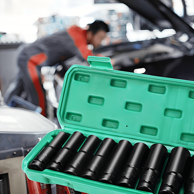 This Set of 1/2 Inch Deep Impact Sockets Comes with a Sturdy Green Storage Case, Perfect for Tasks Like Tire Removal, Mechanical Repairs, And Car Maintenance. It Works Well with Both Electric And Pneumatic Drills