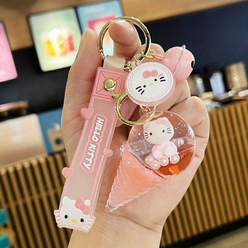 2D Flat, Cute KT Cat Quicksand Keychain Female Creative Cartoon Doll Student School Bag Pendant Car Key Chain Trinkets