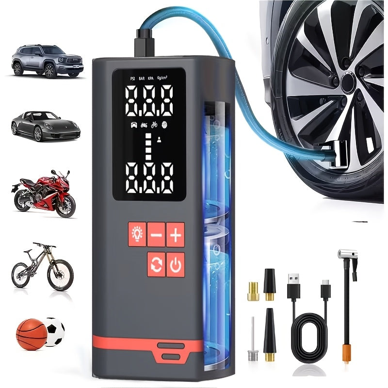 Portable Tire Inflator Air Compressor, Quick Wireless Air Pump, with Digital Display Screen, LED Light, USB Charging, Includes Multi-Function Nozzle Adapter, Lithium Battery, Suitable for Car, Motorcycle, Bicycle Tires, Balls, Car Parts, Sports Balls