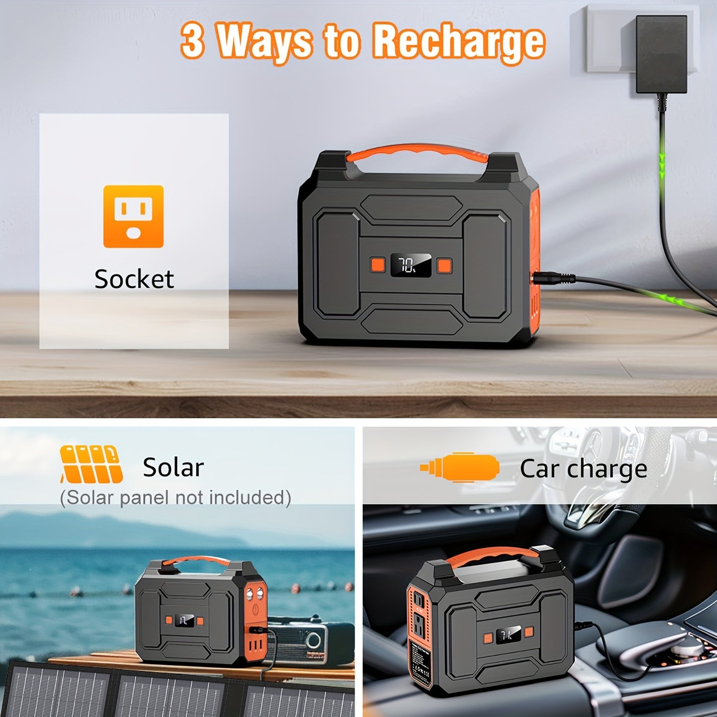 100W/300W Portable Power Station Solar Generator, (Solar Panel Optional), High Capacity Battery Pack, With 2*AC Outlet, DC, USB Port, LED Light, Extra Battery Power Supply For Outdoor Camping, Hiking, Road Trip, CPAP, Fan, Hurricane Emergency, Gift