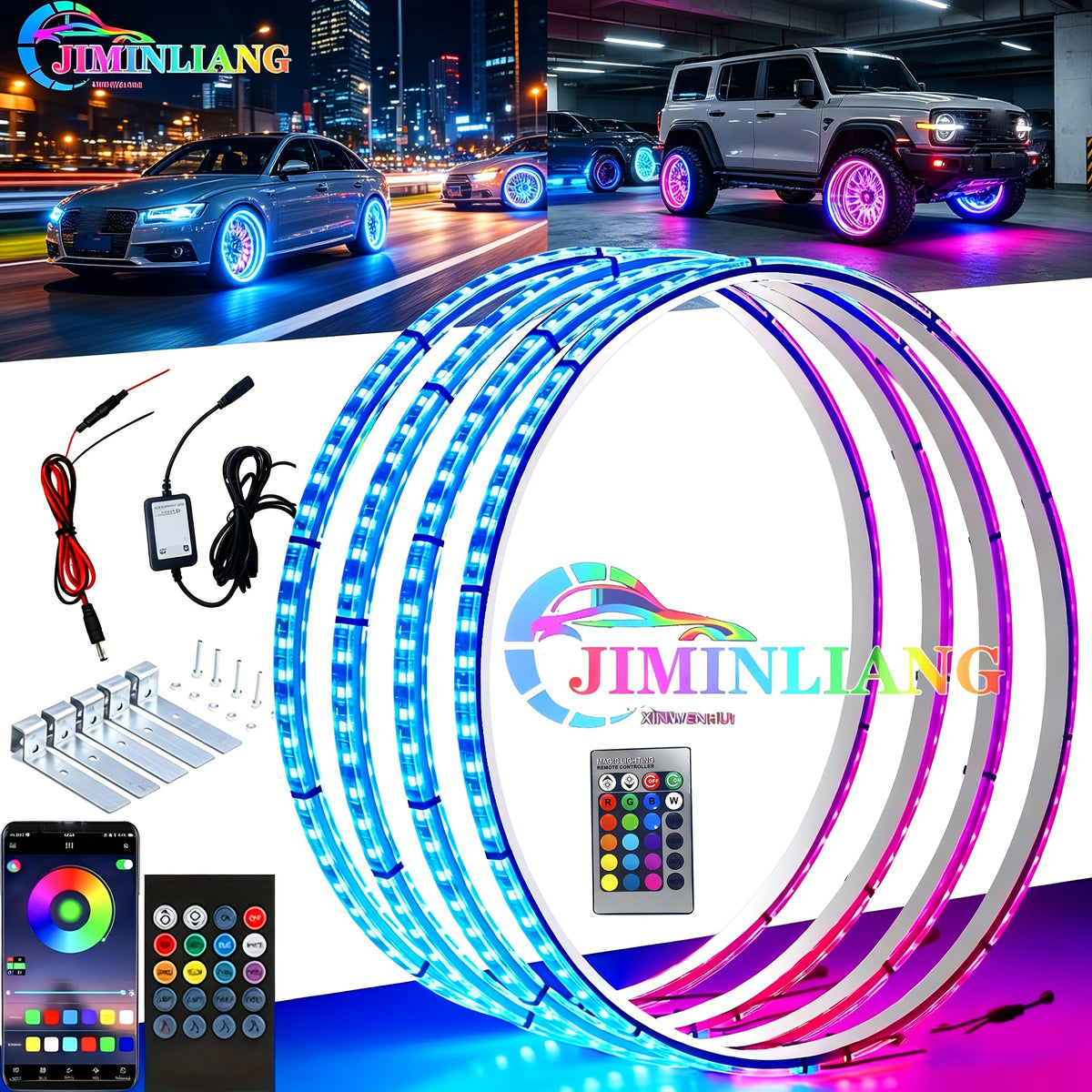 LED Wheel Ring Lights with Remote Control – 7-Color Flashing Modes, Car Rim Light Kit for Truck SUV Pickup Offroad Vehicle, USB LED Strip Option
