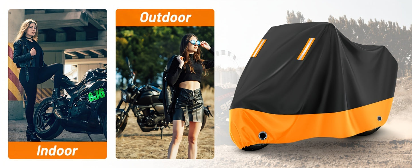 Motorcycle Cover, 210D, All-Weather Outdoor UV And Dust Protection, Protects Paintwork with Reflective Strips, Suitable for Harley-Davidson, for HONDA, And for SUZUKI (Black And Orange)