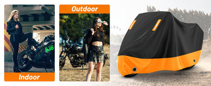 Motorcycle Cover, 210D, All-Weather Outdoor UV And Dust Protection, Protects Paintwork with Reflective Strips, Suitable for Harley-Davidson, for HONDA, And for SUZUKI (Black And Orange)
