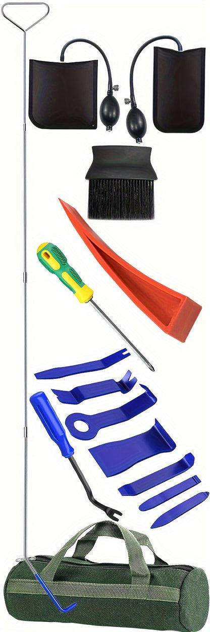 [Car Door Opener Kit] Emergency Car Door Opener Tool Kit, Universal Car Emergency Kit, Car Door-Unlocking Kit With Long Reach Grabber, Wedge Air Bag, Auto Trim Removal Tool Kit And Tool Bag Etc. Blue