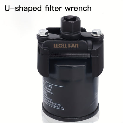 Adjustable Oil Filter Wrench, German U-Shaped Multi-Function, Two-Jaw Reversible Mechanism, Black Metal with Hex Socket and Adjustment Knob for Engine Maintenance