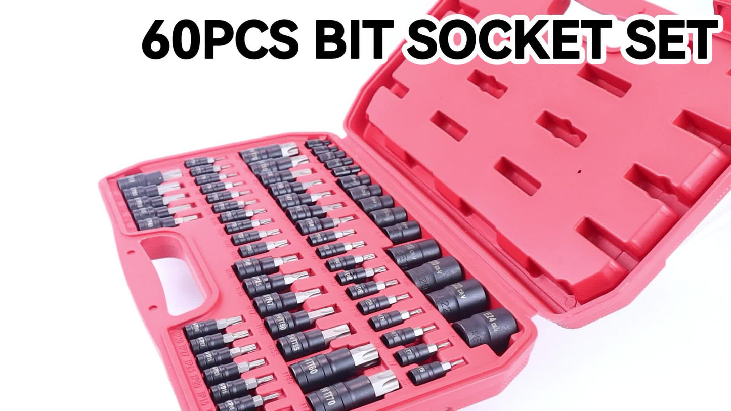 Impact Socket Bit Set 60Pc – E-Sockets E4-E24, Torx T/TT/TP Bits, 1/4 3/8 1/2 Drive, CrV Steel & S2 Bits, Comprehensive Size Collection