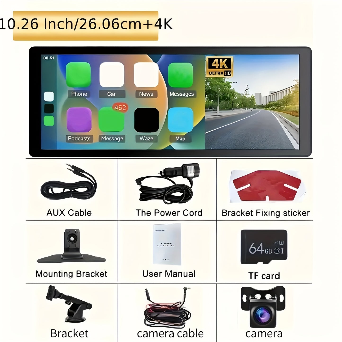 10.26" HD Wireless Car Stereo Compatible with Carplay & Android Auto, Featuring a Portable Touch Screen for Vehicles, 4K Dash Cam, 1080P Backup Camera, Google, Siri, Mirror Link, GPS Navigation, Aux, FM Transmitter