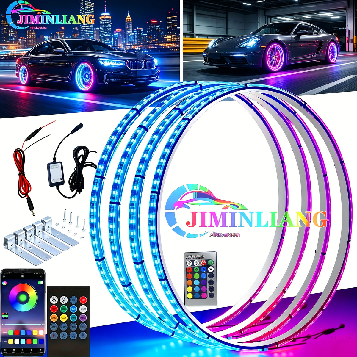 LED Wheel Ring Lights with Remote Control – 7-Color Flashing Modes, Car Rim Light Kit for Truck SUV Pickup Offroad Vehicle, USB LED Strip Option