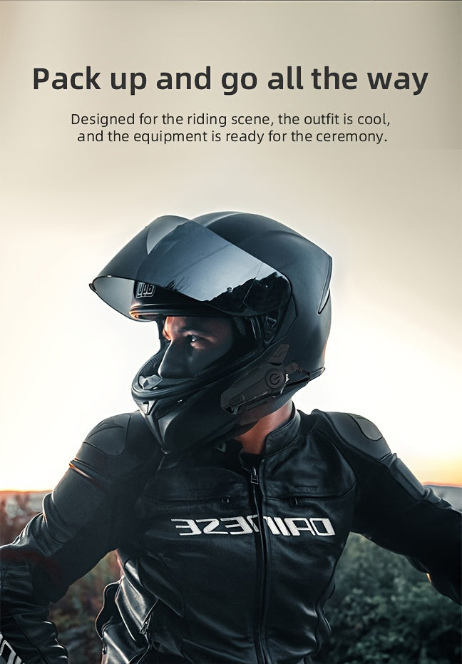 The Wireless Intercom Headset for Motorcycle Helmets Supports Real-Time Communication for Two People And Is, Compatible with Full-Face, Three-Quarter, And Open-Face Helmets.
