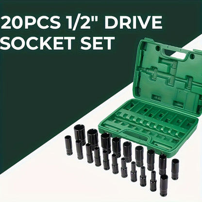 20pcs 1/2" Drive Metric Deep Impact Socket Set, 8mm-32mm, Electric Wrench Extension Hex Sockets for Automotive Repair and Nut Tools, Mechanic Tools, Vehicle Maintenance, Heavyduty Sockets, Professionalgrade Sockets, Impactresistant Sockets, Corrosionresis