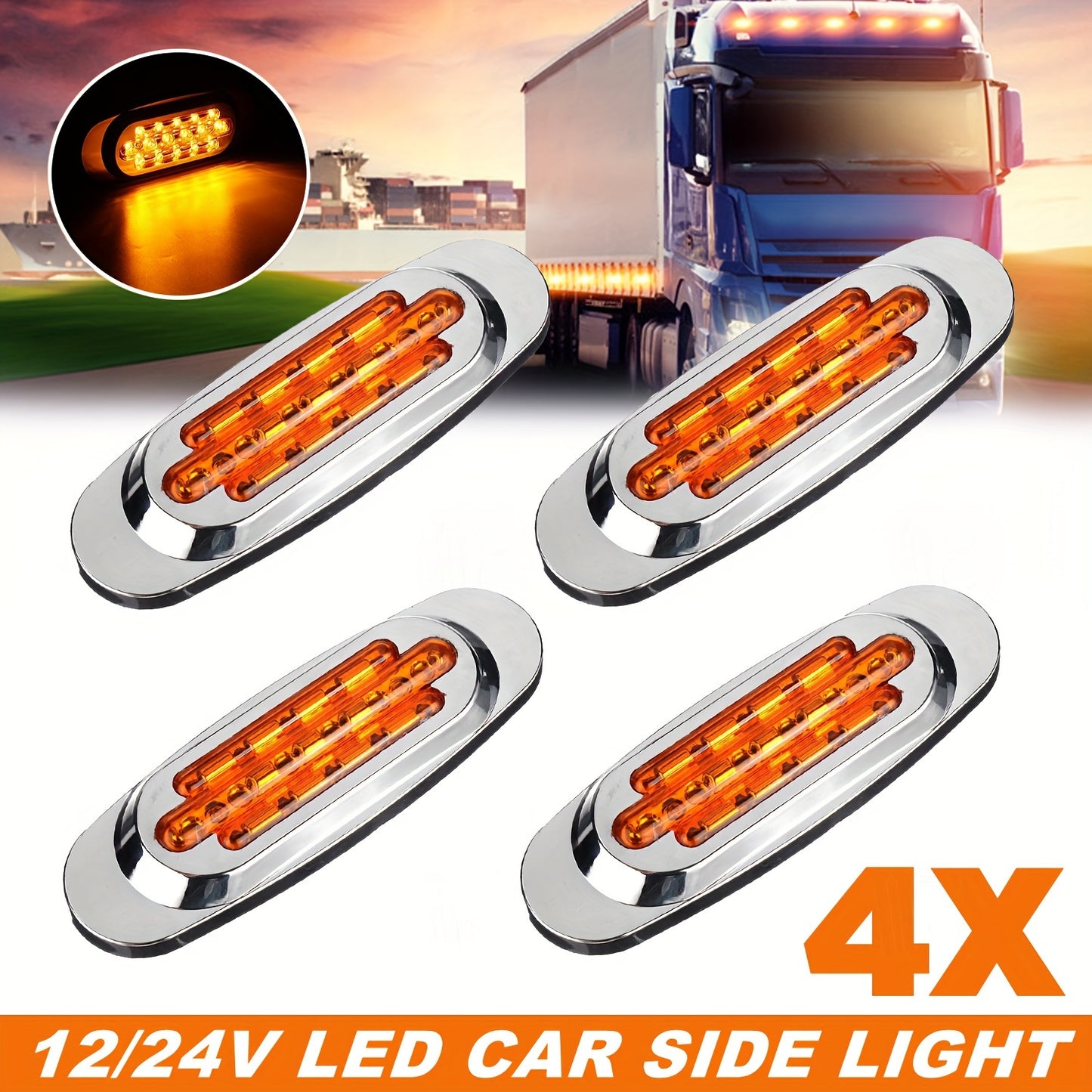 4pcs LED Side Marker Lights for Trucks & Trailers - 16 LEDs, Dual Mode (Steady On + Flash), Fits 12-24V Vehicles - Available in Amber, White, Red, , Green
