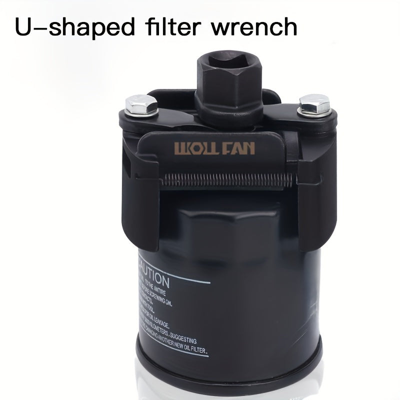 Adjustable Oil Filter Wrench, German U-Shaped Multi-Function, Two-Jaw Reversible Mechanism, Black Metal with Hex Socket and Adjustment Knob for Engine Maintenance