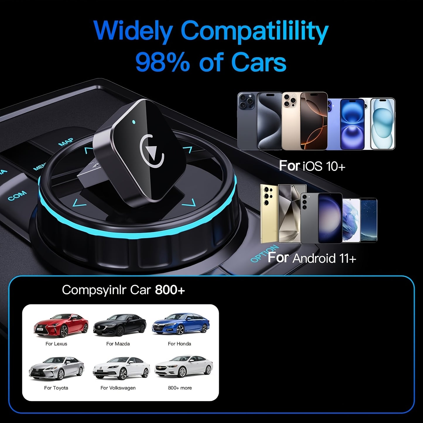 2026 NEW Wireless Carplay Adapter & Android Auto 2026 Upgrade Wired CarPlay to Wireless, 2-in-1 Mini USB Design with Fast Stable Connection Car Play for Apple IOS 10+, Android 11+ Version Car Play Wireless Adapter Carplay Wireless Free Type-C Adapter