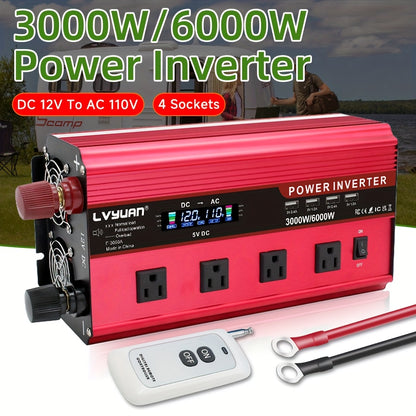 [Car Power Inverter] LVYUAN 200W/1000W/3000W Car Power Inverter DC 12V to 110V AC Converter with LCD Display Dual AC Outlets And Dual USB Car Charger for Car Home Laptop Truck Boat Red