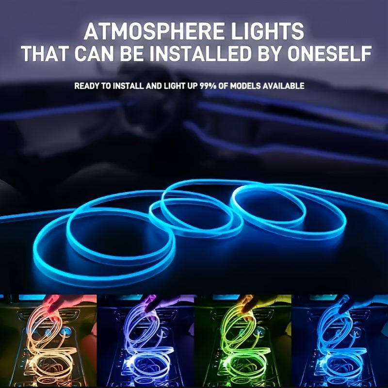 RGB Car Interior LED Light Kit, USB Powered with App & Remote Dual Control, Music Sync Fiber Optic Strip Lights for Dashboard & Door, Battery-Free Ambient Atmosphere Christmas Decorative Lighting, Easy Installation, DIY Car Mod