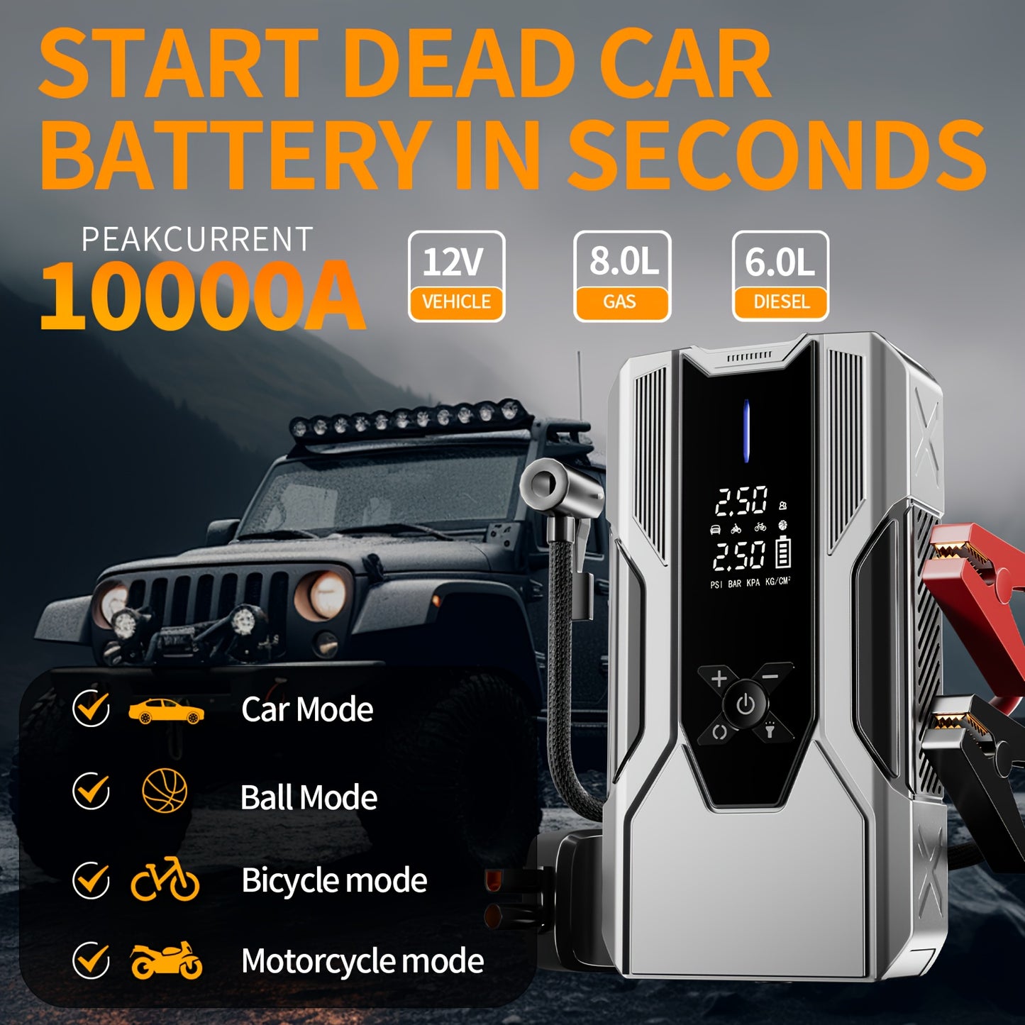 WANBILU 10000A, 12-In-1 Multi-Functional Vehicle Emergency Start Power Supply, Ignition Device, Suitable for Cars, Motorcycles, Suvs, Diesel Engine Emergency Start Power Supply, Tire Inflation, Car Battery Charger, with Air Pump Flashlight