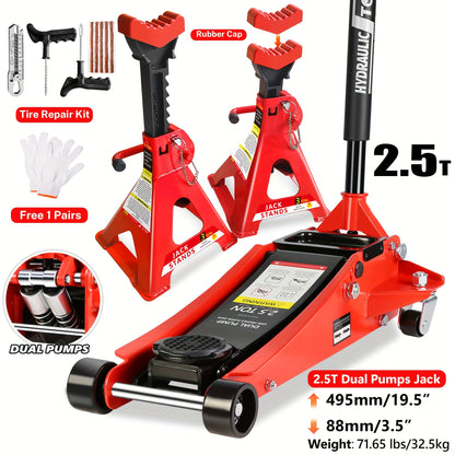 2/2.5/3 Ton Capacity, Jack Kit Low Profile Hydraulic Trolley Service/Floor Jack Combo, Multiple Meal Plans to Choose from 3 Ton Jack Stands 2PCS, Tire Repair Kit, 14-inch Wheel Cross Wrench, Wheel Chock, Jack Accessories Red/Blue