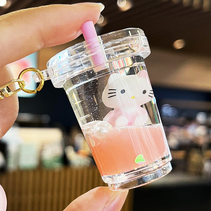 2D Flat, Cute KT Cat Quicksand Keychain Female Creative Cartoon Doll Student School Bag Pendant Car Key Chain Trinkets