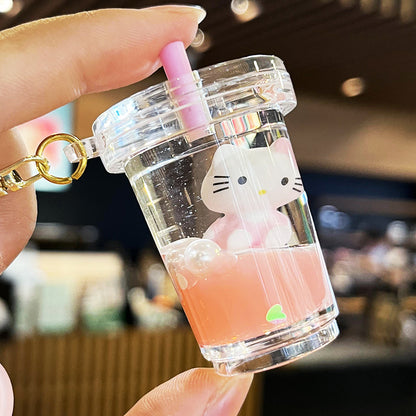 2D Flat, Cute KT Cat Quicksand Keychain Female Creative Cartoon Doll Student School Bag Pendant Car Key Chain Trinkets