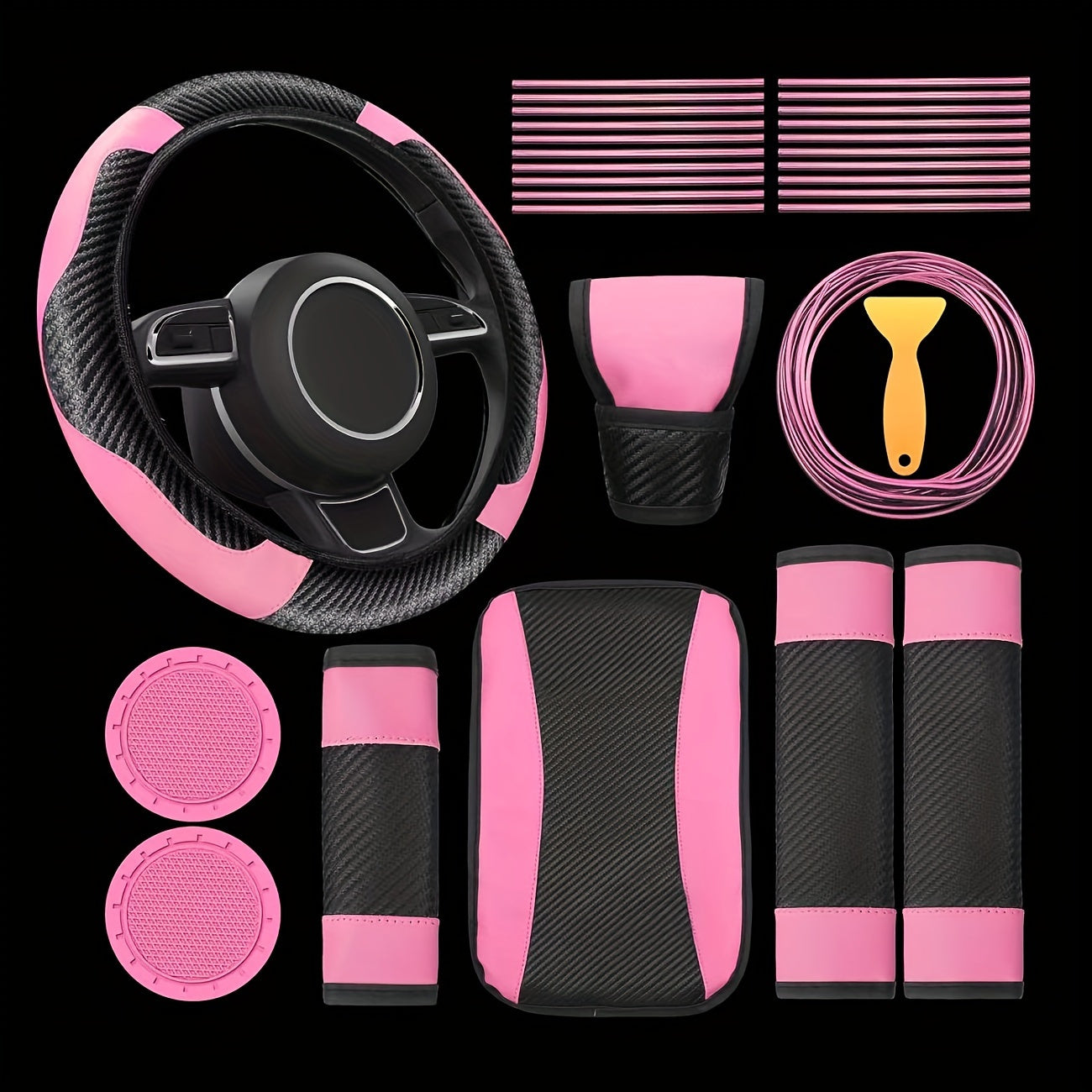 30pcs PU, Carbon Fiber Car Steering Wheel Cover, Car Air Outlet Decorative Strip Simple and Easy to Install, Universal Model