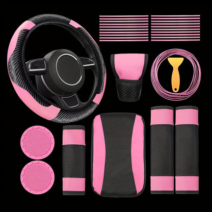 30pcs PU, Carbon Fiber Car Steering Wheel Cover, Car Air Outlet Decorative Strip Simple and Easy to Install, Universal Model